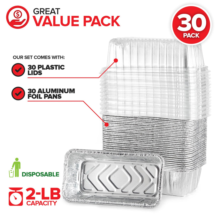 Stock Your Home Disposable Aluminum Loaf Pans with Lids, 2 Lb (30 Pack) Foil Baking Tins with Plastic Lid, Tin Pan with Cover for Cake, Banana Bread, Meatloaf, Mini Lasagna, Drip Trays
