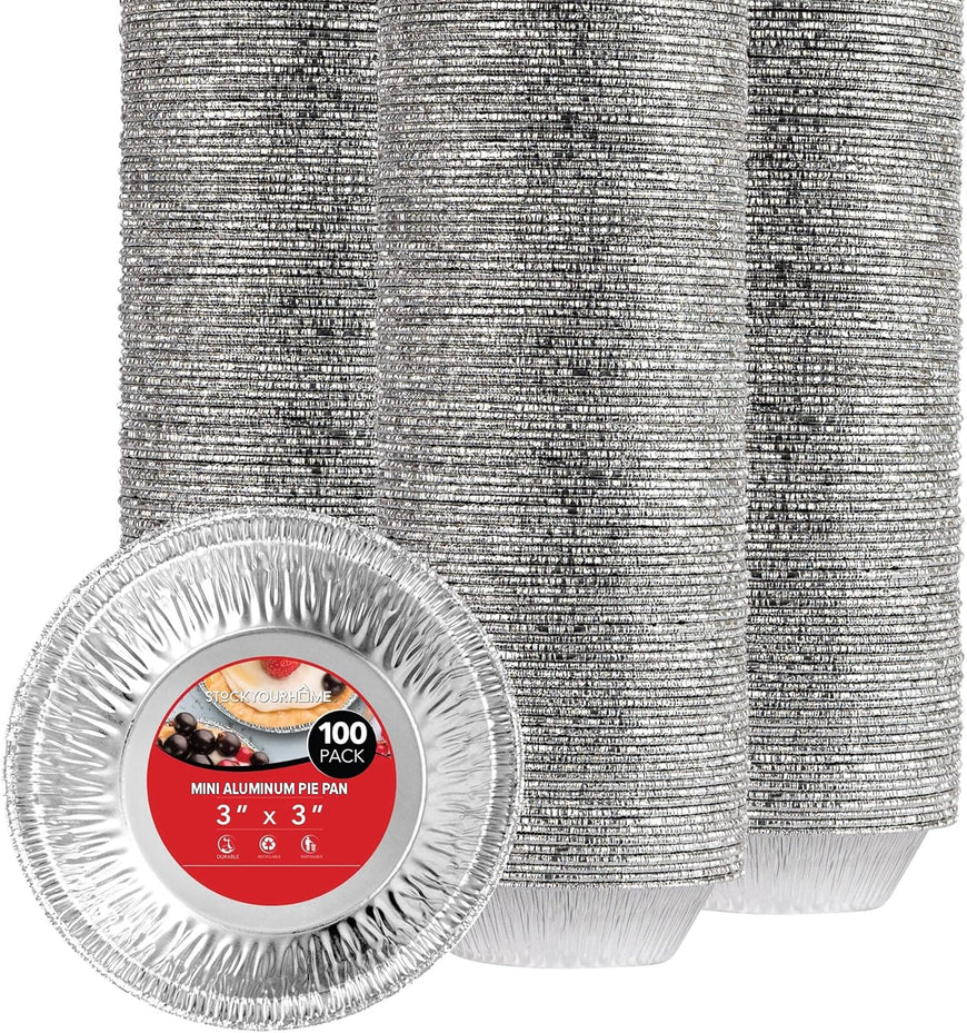 Stock Your Home 100 Count Aluminum Mini Pie Pans - 3 Inch Disposable Recyclable Foil Pie Tins for Bakeries, Cafes, Restaurants
