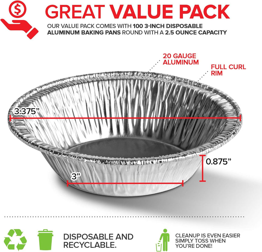 Stock Your Home 100 Count Aluminum Mini Pie Pans - 3 Inch Disposable Recyclable Foil Pie Tins for Bakeries, Cafes, Restaurants