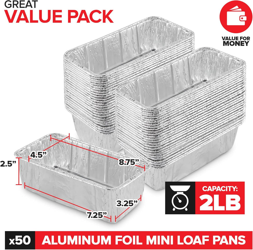 Stock Your Home 2 Lb Aluminum Foil Mini Loaf Pans (50 Pack) Disposable Small Loaf Pan â€“ 2 Pound Baking Tin Liners, Perfect to Bake Cakes, Bread Loaves, and Meat - 8.5 x 4.5 x 2.5