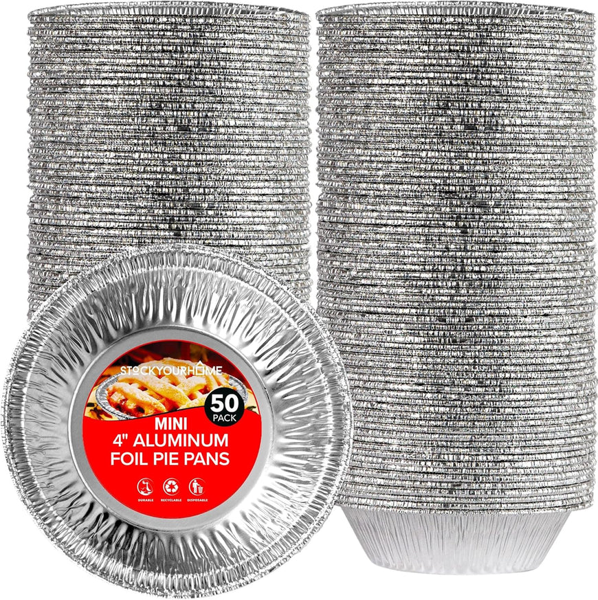 Stock Your Home 4 Inch Mini Aluminum Foil Pans (50 Count) â€“ Disposable Small Tins for Baking Tiny Treats, Fruit Tarts, Quiche, and Mince Pies