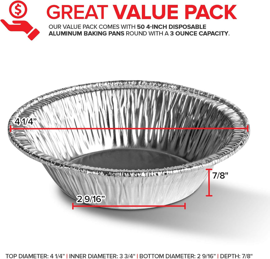 Stock Your Home 4 Inch Mini Aluminum Foil Pans (50 Count) â€“ Disposable Small Tins for Baking Tiny Treats, Fruit Tarts, Quiche, and Mince Pies