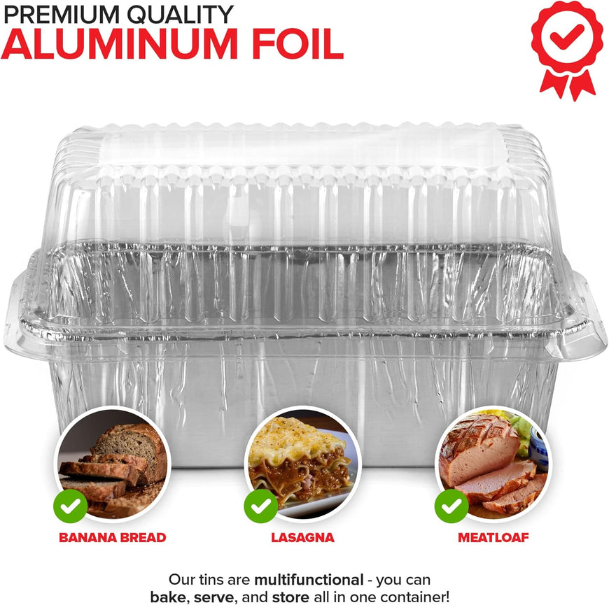 Stock Your Home Disposable Aluminum Loaf Pans with Lids, 2 Lb (50 Pack) Foil Baking Tins with Plastic Lid, Tin Pan with Cover for Cake, Banana Bread, Meatloaf, Mini Lasagna, Drip Trays