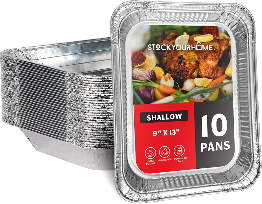 (10 Pack) Disposable Aluminum Pans 9x13 Shallow, Heavy Duty 1.75