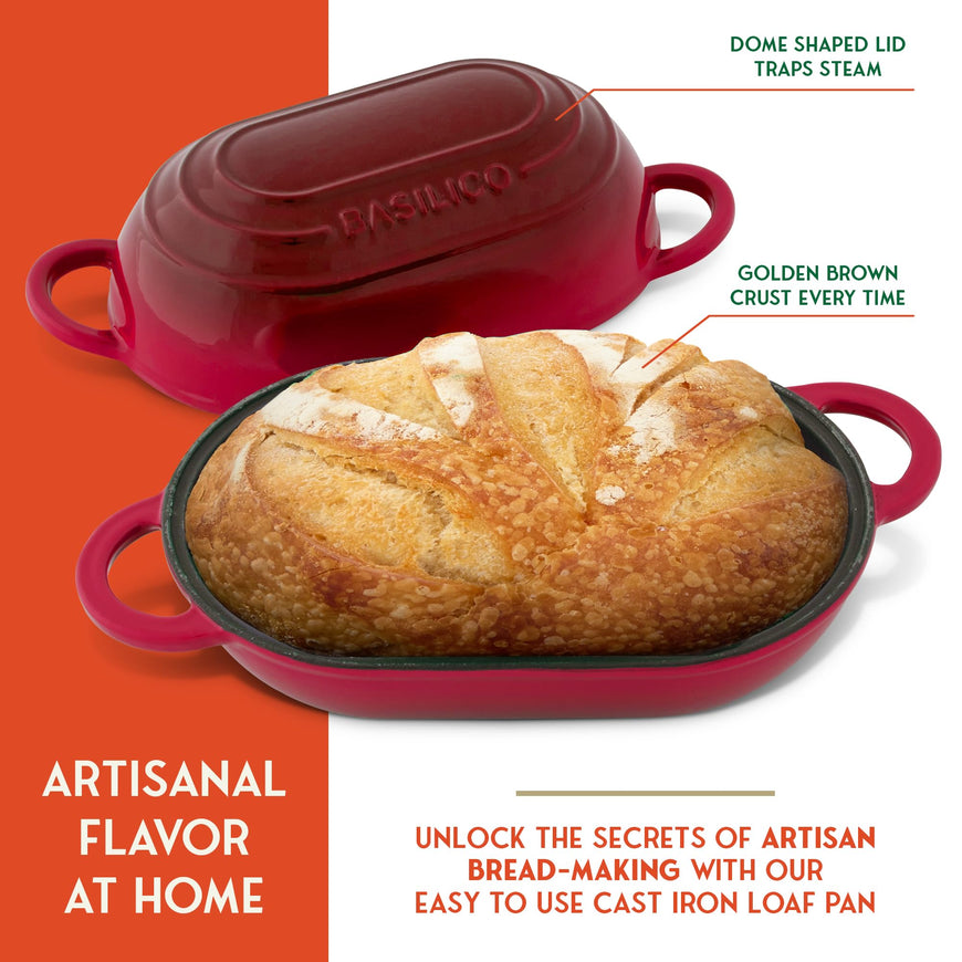 Enameled Cast Iron Bread Oven 2 Qt (Red), Non-Stick Single Loaf Cast Iron Bread Pan with Lid, Easy Homemade Sourdough Dutch Oven, Oven-Safe Artisan Bread Baking Pan