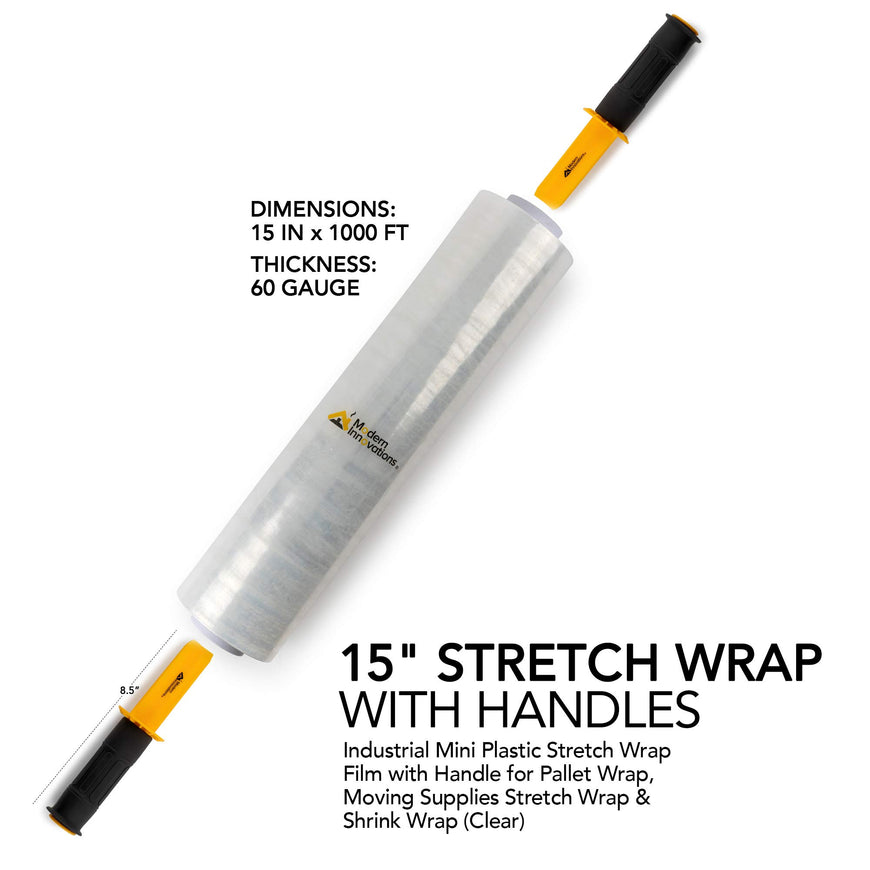 15 Inch Stretch Wrap - Industrial Clear Plastic Stretch Wrap Film for Pallet Wrap, Moving Supplies Stretch Wrap - 1000 Feet, 60 Gauge, 1 Pack with Handles