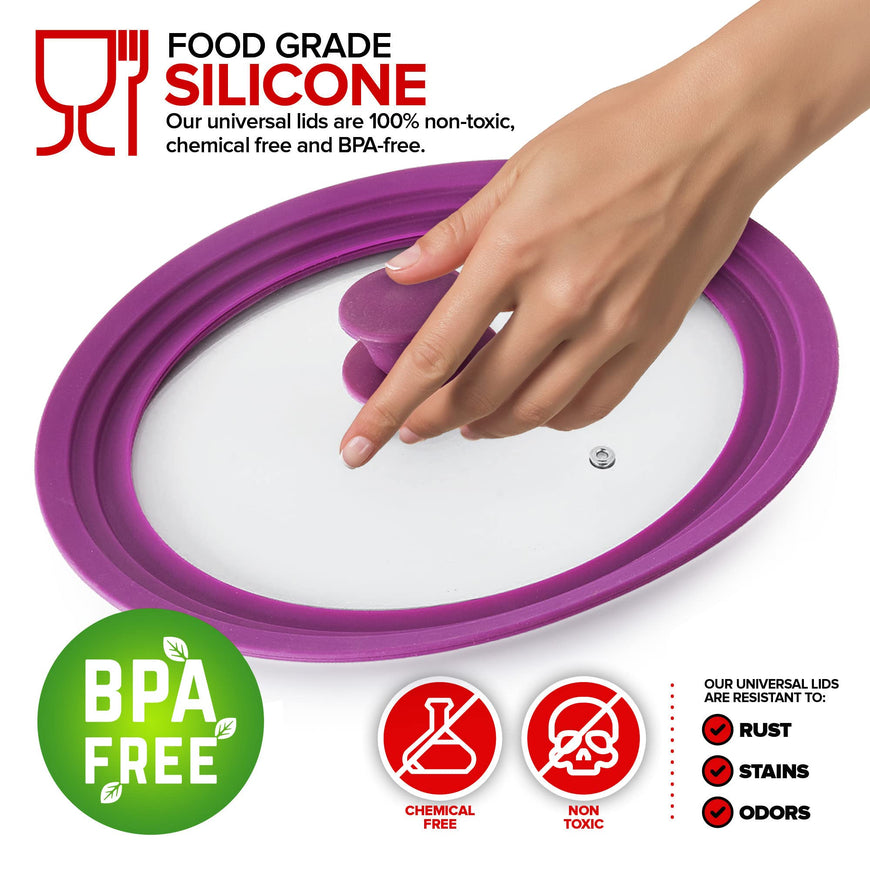 Modern Innovations Universal Lids (Set of 2) Fits 7 to 12-Inch Cookware, Silicone Replacement Pan Lid, Glass Top Covers for Skillets, Pots, Frying Pans, Cast Iron - Lavender