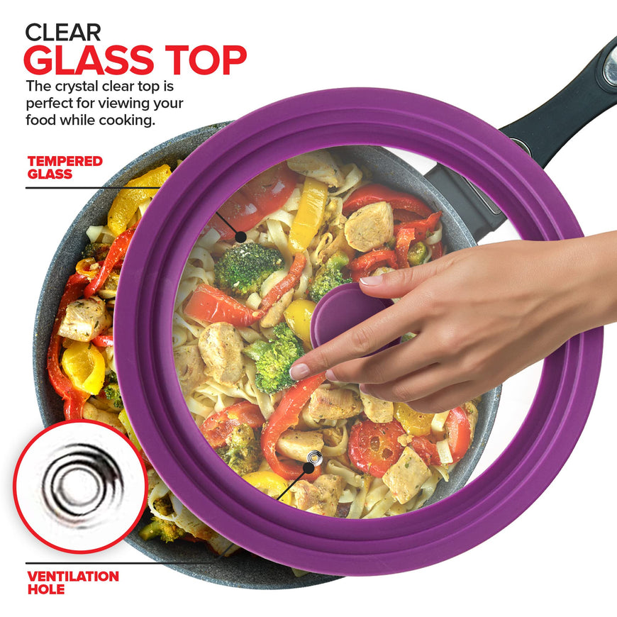 Modern Innovations Universal Lids (Set of 2) Fits 7 to 12-Inch Cookware, Silicone Replacement Pan Lid, Glass Top Covers for Skillets, Pots, Frying Pans, Cast Iron - Lavender