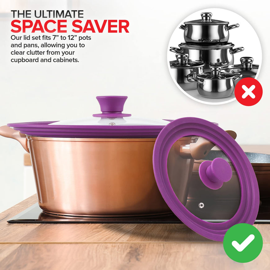 Modern Innovations Universal Lids (Set of 2) Fits 7 to 12-Inch Cookware, Silicone Replacement Pan Lid, Glass Top Covers for Skillets, Pots, Frying Pans, Cast Iron - Lavender