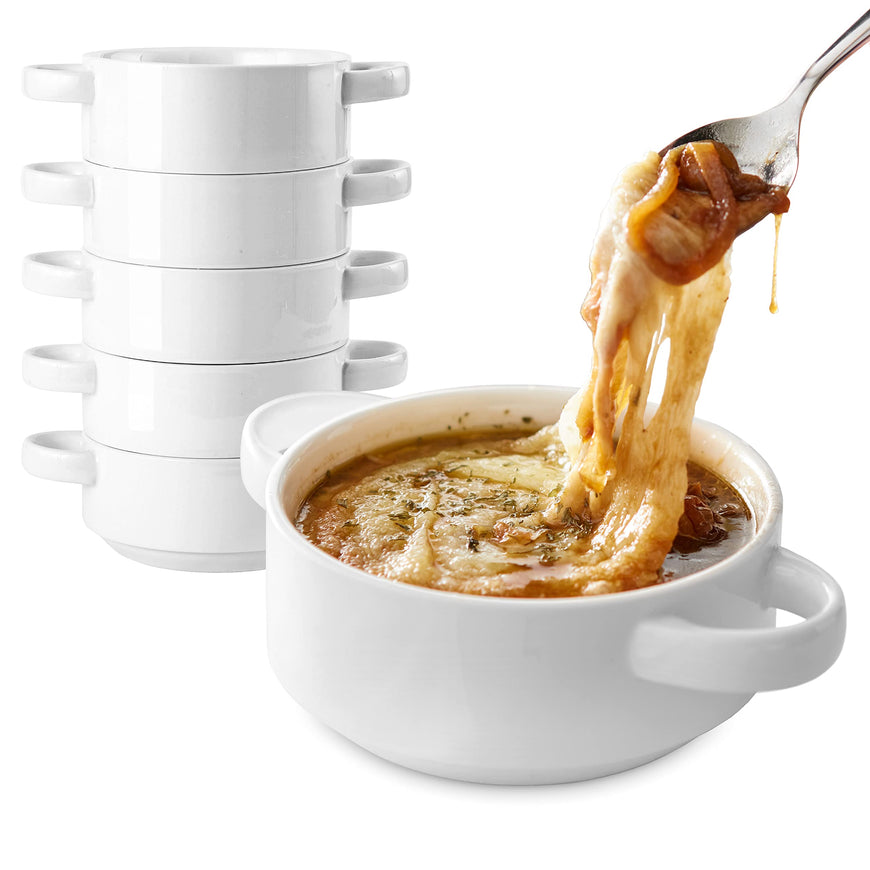 Modern Innovations 20 oz French Onion Soup Bowls with Handles in White (Set of 6) Oven and Microwave Safe Bowl, Stoneware Stackable, Large Ceramic Crocks, 2 Handle Crock