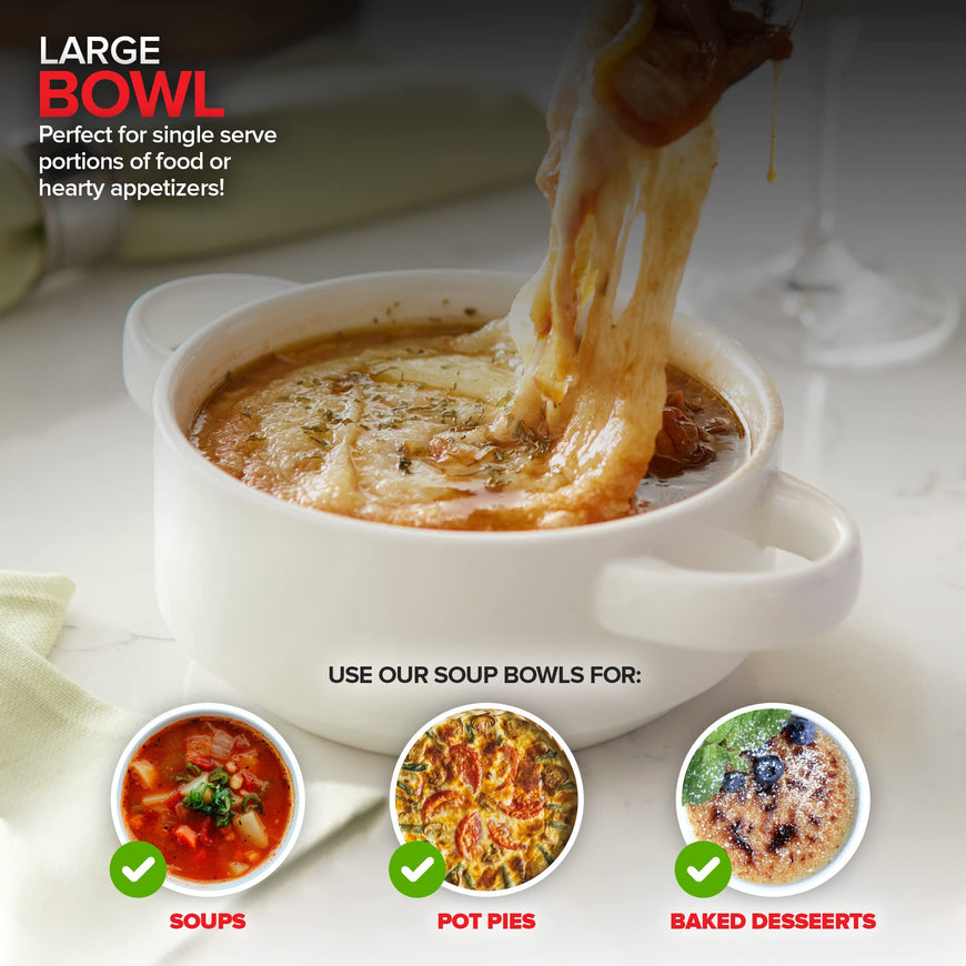 Modern Innovations 20 oz French Onion Soup Bowls with Handles in White (Set of 6) Oven and Microwave Safe Bowl, Stoneware Stackable, Large Ceramic Crocks, 2 Handle Crock