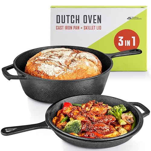 Modern Innovations 3-in-1 Dutch Oven & Skillet Combo, Preseasoned Cast Iron Cookware Set, 3.2QT Dutch Oven, 1.6QT Skillet with Lid, Versatile Pots and Pans for Camping & Home Cooking
