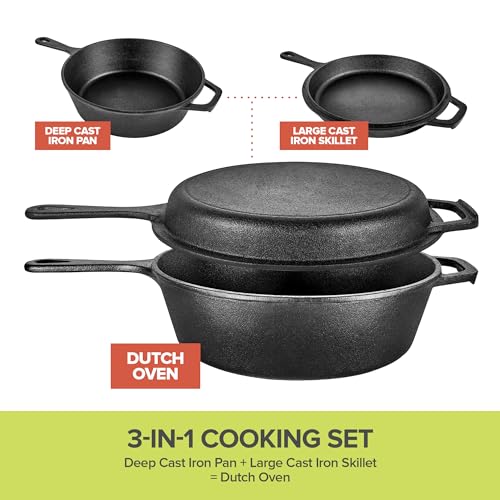 Modern Innovations 3-in-1 Dutch Oven & Skillet Combo, Preseasoned Cast Iron Cookware Set, 3.2QT Dutch Oven, 1.6QT Skillet with Lid, Versatile Pots and Pans for Camping & Home Cooking