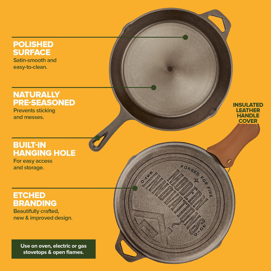 Modern Innovations 10 Inch Cast Iron Skillet, Pre-Seasoned Smooth Polished Surface, Heavy-Duty, Naturally Non-Stick 100% Cast Iron Frying Pan- Saute, Sear & Grill on Campfires, Stoves & Ovens