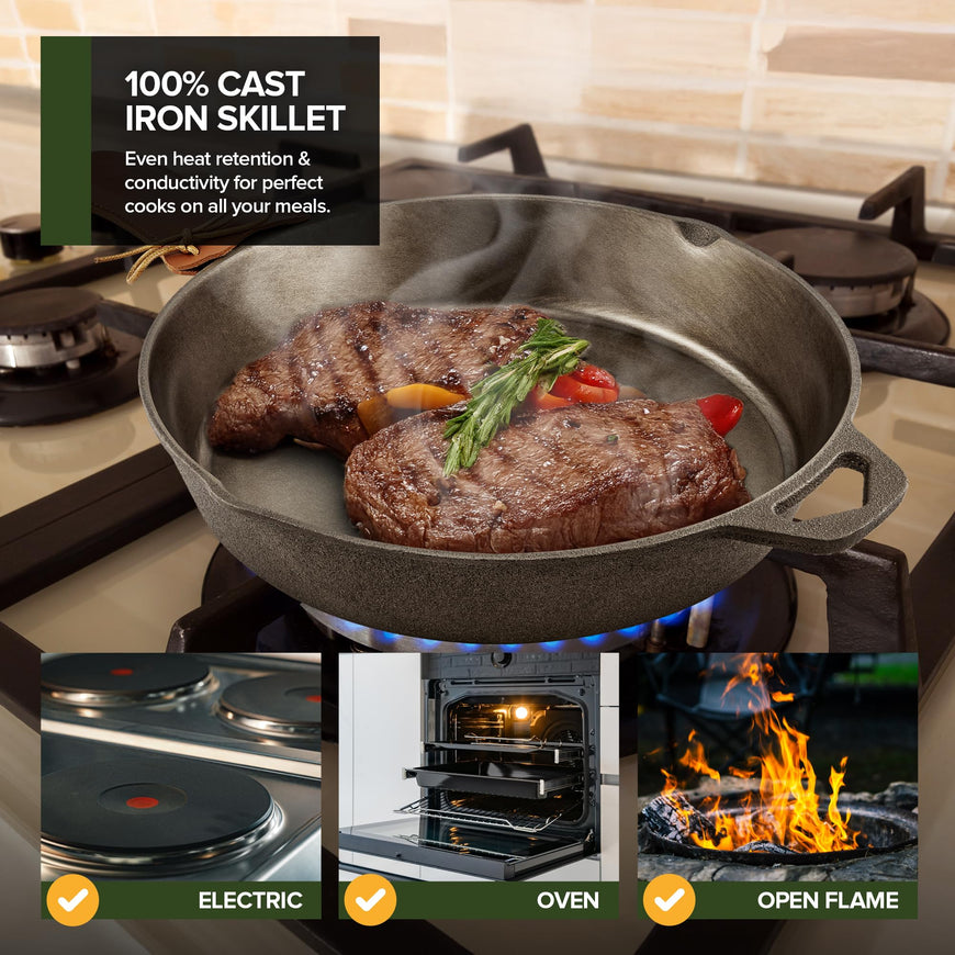 Modern Innovations 10 Inch Cast Iron Skillet, Pre-Seasoned Smooth Polished Surface, Heavy-Duty, Naturally Non-Stick 100% Cast Iron Frying Pan- Saute, Sear & Grill on Campfires, Stoves & Ovens