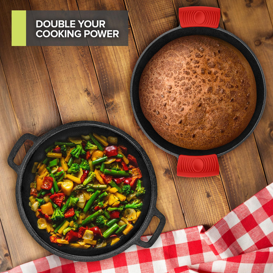 Modern Innovations 3-in-1 Dutch Oven & Skillet Combo, Preseasoned Cast Iron Cookware Set, 3.2QT Dutch Oven, 1.6QT Skillet with Lid, Versatile Pots and Pans for Camping & Home Cooking
