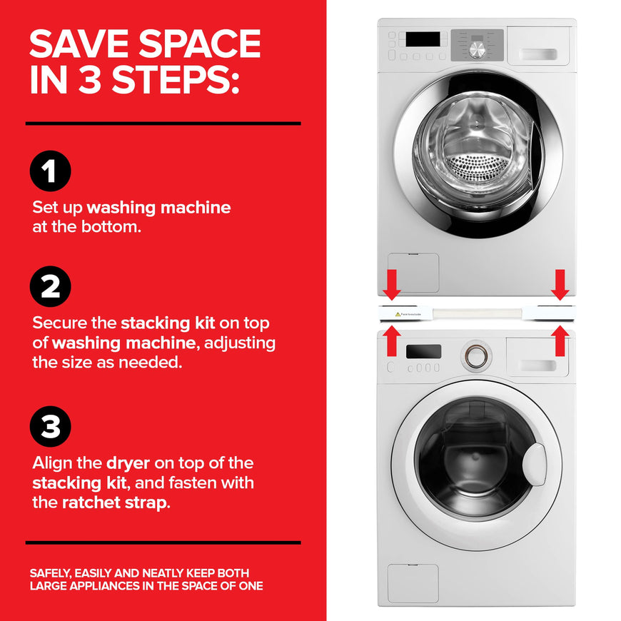 Modern Innovations Adjustable Washer & Dryer stacking kit, Smart Storage Solutions, Includes Ratchet Strap, rods & Pads, Space Saving stackable Washer/Dryer Shelf Set