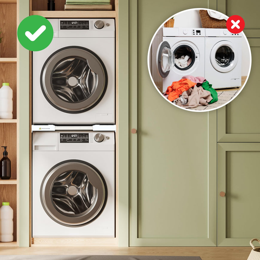 Modern Innovations Adjustable Washer & Dryer stacking kit, Smart Storage Solutions, Includes Ratchet Strap, rods & Pads, Space Saving stackable Washer/Dryer Shelf Set
