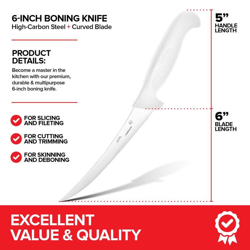 Modern Innovations 6 Inch Boning Knife, Ultimate Culinary butchers knife, White Plastic & Stainless Steel Curved Boning Knife for Meat Cutting, Deboning & Filleting with Ultra-Sharp Stiff Blade