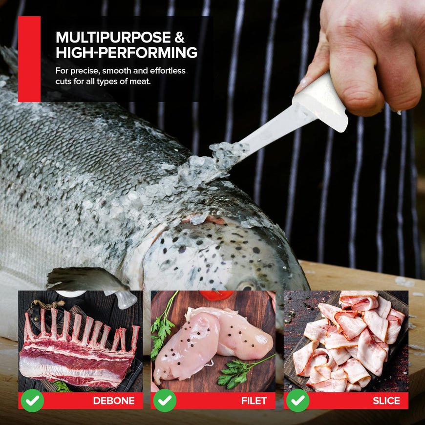 Modern Innovations 6 Inch Boning Knife, Ultimate Culinary butchers knife, White Plastic & Stainless Steel Curved Boning Knife for Meat Cutting, Deboning & Filleting with Ultra-Sharp Stiff Blade