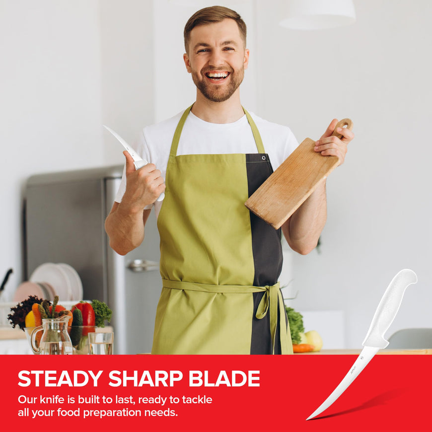 Modern Innovations 6 Inch Boning Knife, Ultimate Culinary butchers knife, White Plastic & Stainless Steel Curved Boning Knife for Meat Cutting, Deboning & Filleting with Ultra-Sharp Stiff Blade