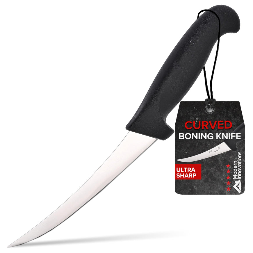 Modern Innovations 6 Inch Boning Knife, Ultimate Culinary butcher knife, Black Plastic & Stainless Steel Curved Boning Knife for Meat Cutting, Deboning & Filleting with Ultra-Sharp Stiff Blade