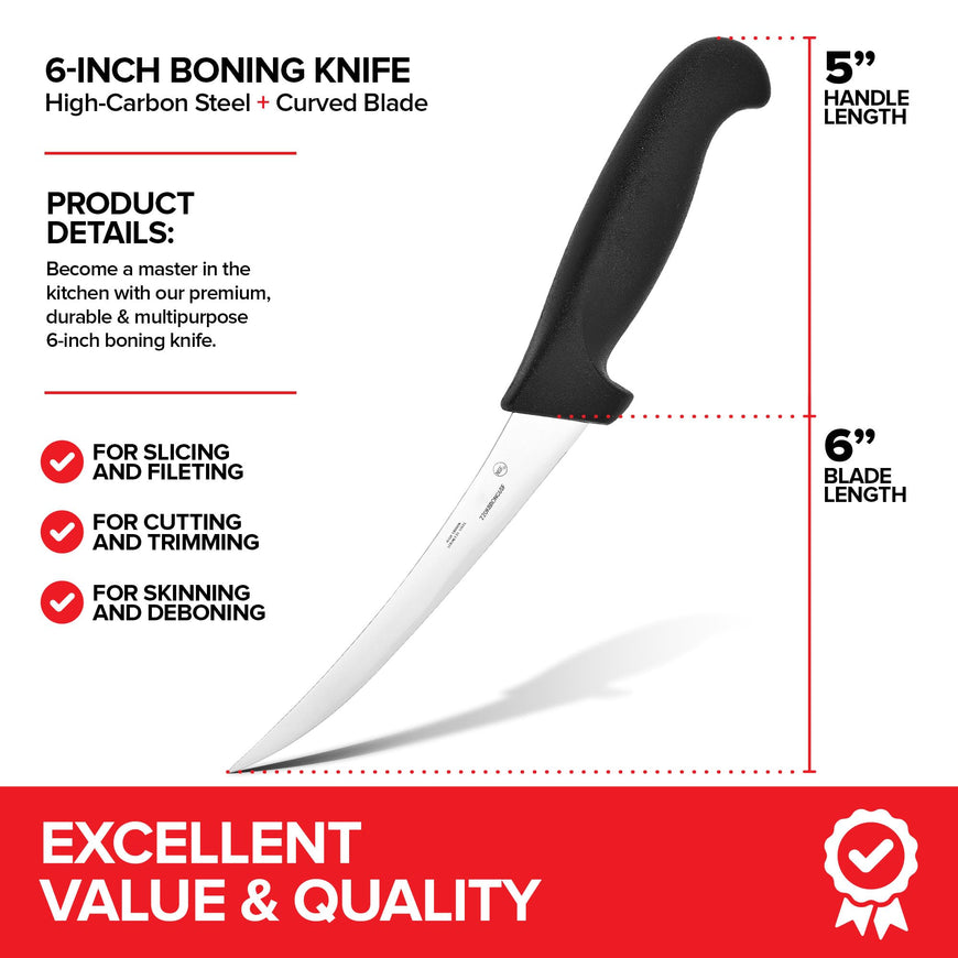 Modern Innovations 6 Inch Boning Knife, Ultimate Culinary butcher knife, Black Plastic & Stainless Steel Curved Boning Knife for Meat Cutting, Deboning & Filleting with Ultra-Sharp Stiff Blade