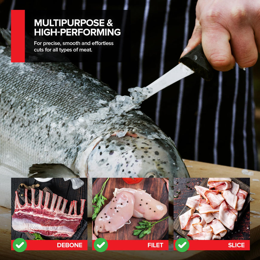 Modern Innovations 6 Inch Boning Knife, Ultimate Culinary butcher knife, Black Plastic & Stainless Steel Curved Boning Knife for Meat Cutting, Deboning & Filleting with Ultra-Sharp Stiff Blade