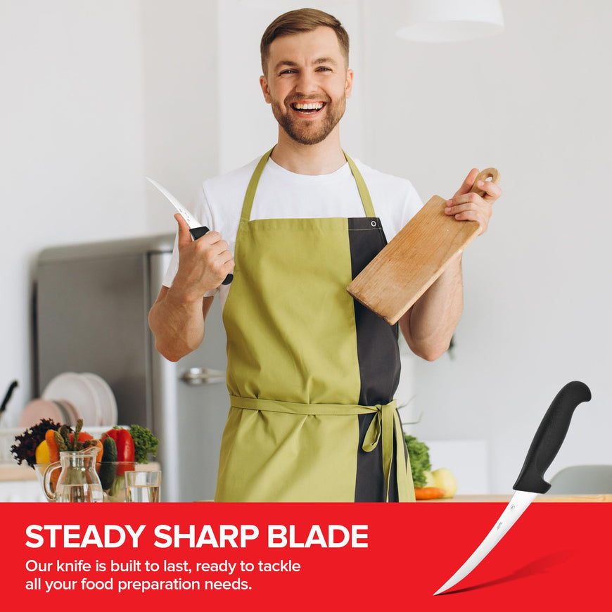 Modern Innovations 6 Inch Boning Knife, Ultimate Culinary butcher knife, Black Plastic & Stainless Steel Curved Boning Knife for Meat Cutting, Deboning & Filleting with Ultra-Sharp Stiff Blade