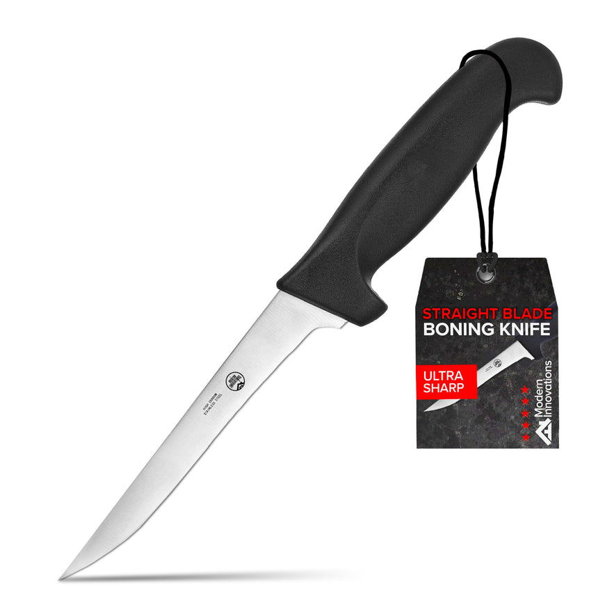 Modern Innovations 6 Inch Boning Knife, Ultimate Culinary Butcher Knife, Black Plastic & Stainless Steel Straight Boning Knife for Meat Cutting, Deboning & Filleting with Ultra-Sharp Stiff Blade
