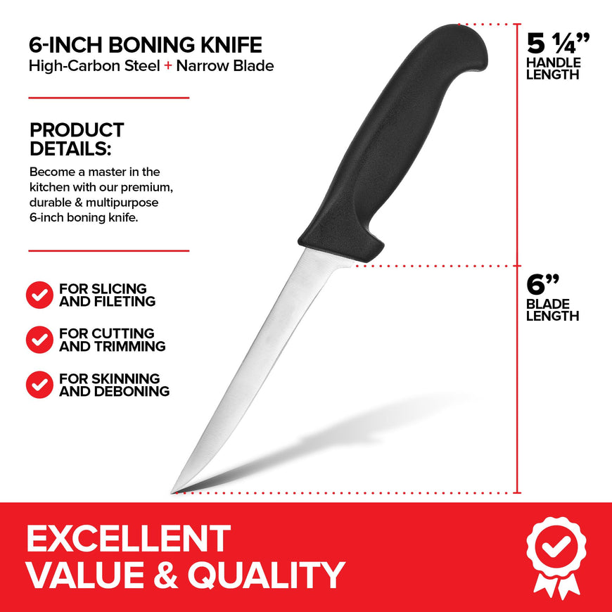 Modern Innovations 6 Inch Boning Knife, Ultimate Culinary Butcher Knife, Black Plastic & Stainless Steel Straight Boning Knife for Meat Cutting, Deboning & Filleting with Ultra-Sharp Stiff Blade