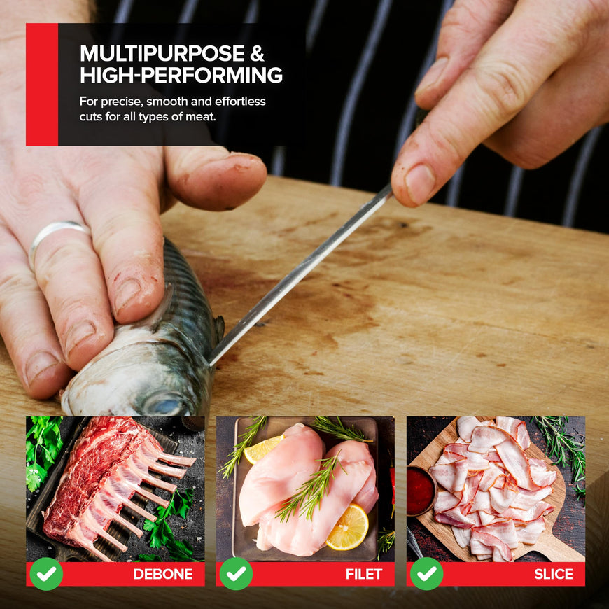 Modern Innovations 6 Inch Boning Knife, Ultimate Culinary Butcher Knife, Black Plastic & Stainless Steel Straight Boning Knife for Meat Cutting, Deboning & Filleting with Ultra-Sharp Stiff Blade