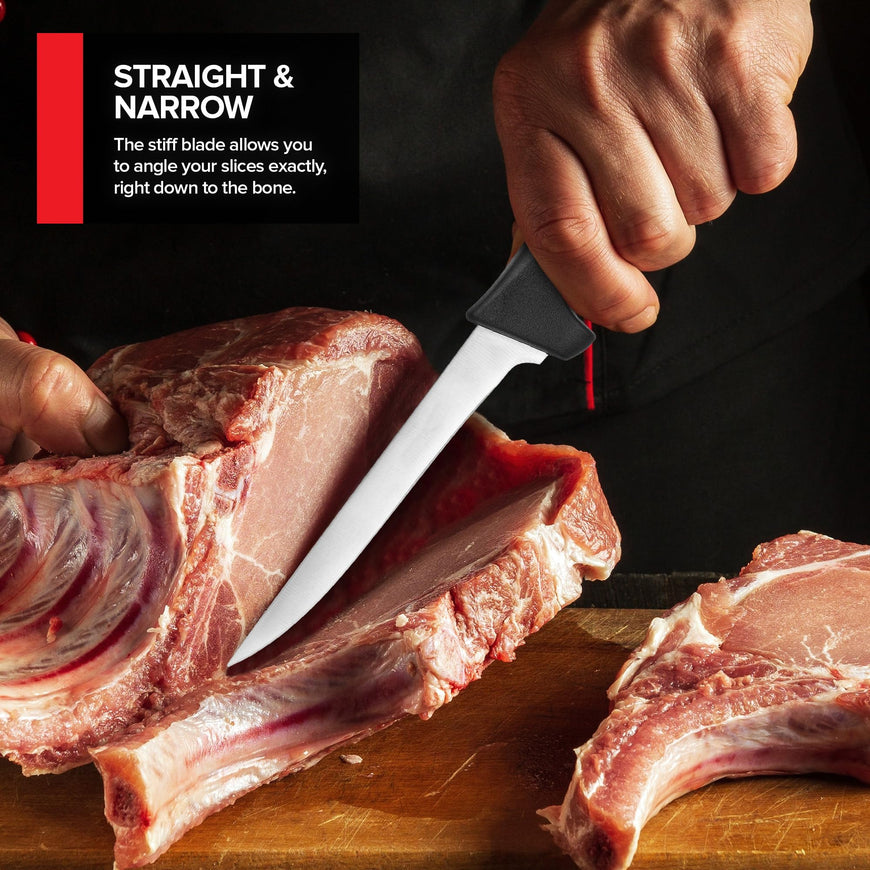 Modern Innovations 6 Inch Boning Knife, Ultimate Culinary Butcher Knife, Black Plastic & Stainless Steel Straight Boning Knife for Meat Cutting, Deboning & Filleting with Ultra-Sharp Stiff Blade