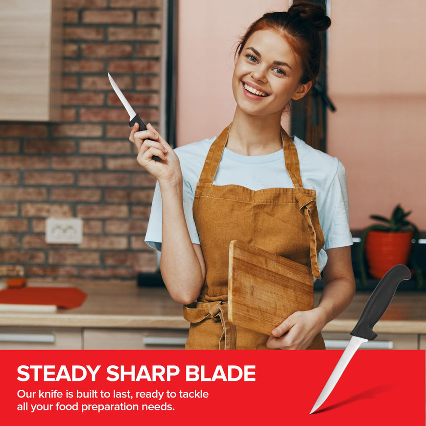 Modern Innovations 6 Inch Boning Knife, Ultimate Culinary Butcher Knife, Black Plastic & Stainless Steel Straight Boning Knife for Meat Cutting, Deboning & Filleting with Ultra-Sharp Stiff Blade