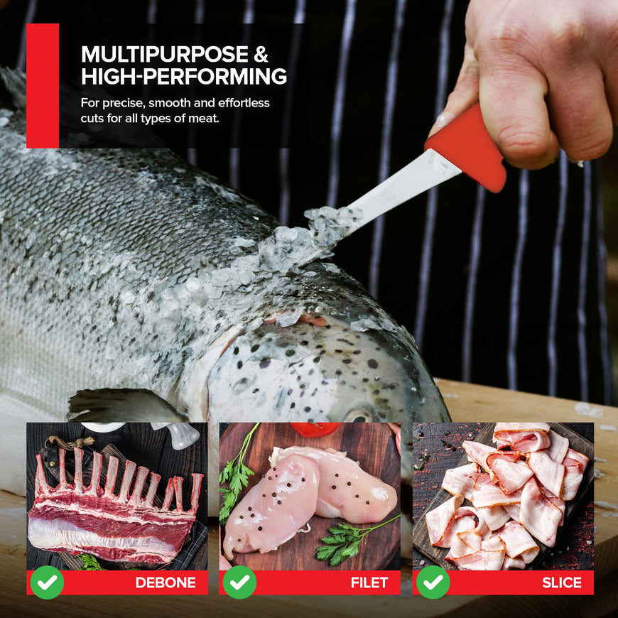 Modern Innovations 6 Inch Boning Knife, Ultimate Culinary butchers knife, Red Plastic & Stainless Steel Curved Boning Knife for Meat Cutting, Deboning & Filleting with Ultra-Sharp Stiff Blade