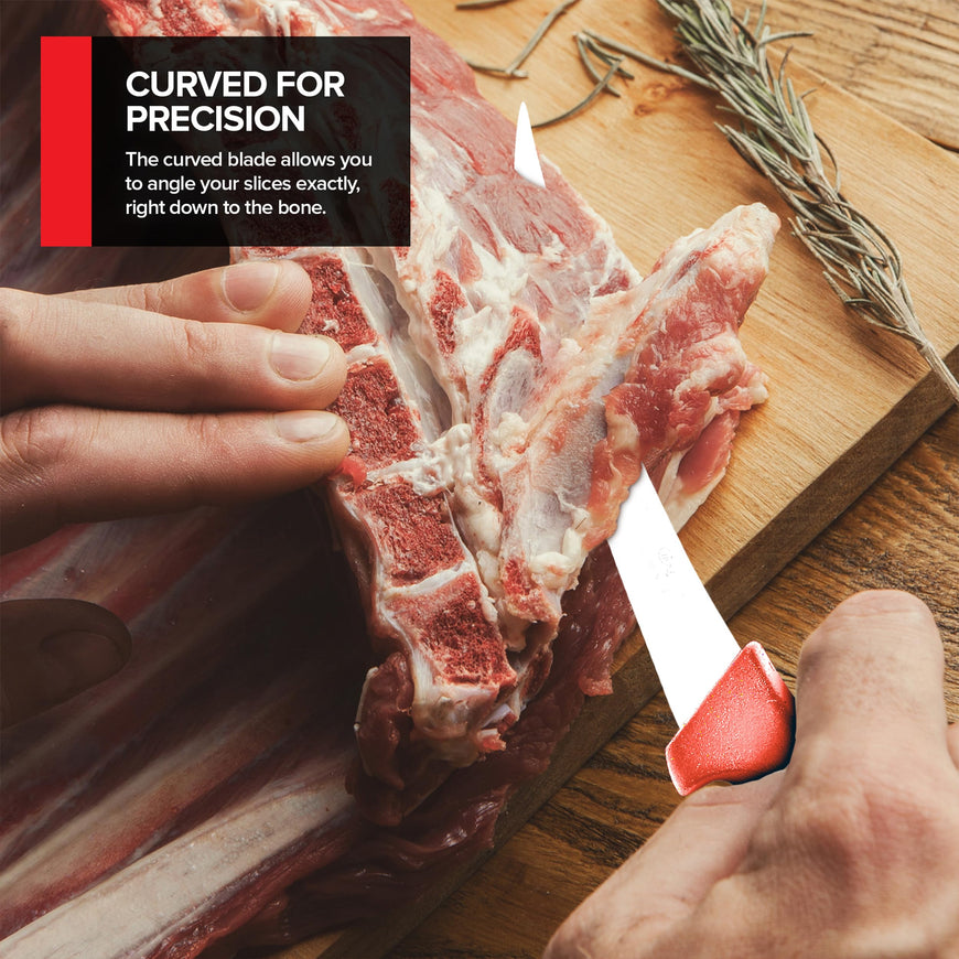 Modern Innovations 6 Inch Boning Knife, Ultimate Culinary butchers knife, Red Plastic & Stainless Steel Curved Boning Knife for Meat Cutting, Deboning & Filleting with Ultra-Sharp Stiff Blade