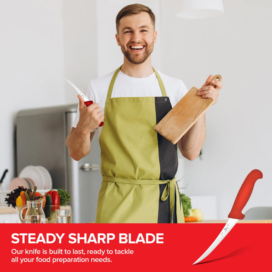 Modern Innovations 6 Inch Boning Knife, Ultimate Culinary butchers knife, Red Plastic & Stainless Steel Curved Boning Knife for Meat Cutting, Deboning & Filleting with Ultra-Sharp Stiff Blade