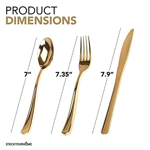 Plastic Spoons 125 Pack Disposable Cutlery, Heavy Duty Flatware, Plastic Silverware Set for Catering Events, Parties, Dinners, Weddings, Receptions and Everyday Use (Gold)