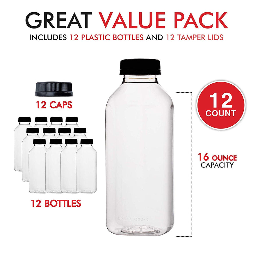 Stock Your Home 16 oz Empty plastic bottles with Lids - 12 Count