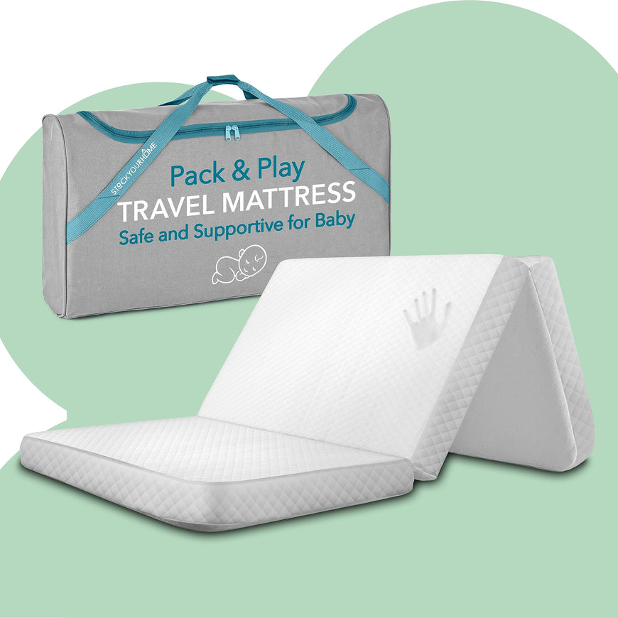 Stock Your Home Foldable Travel Pack n Play Mattress Pad with Tote Bag, Waterproof Portable Mini Crib Mattresses, Baby Bed Playpen Memory Foam Topper, Playard Pen Accessories, Traveling Case Included
