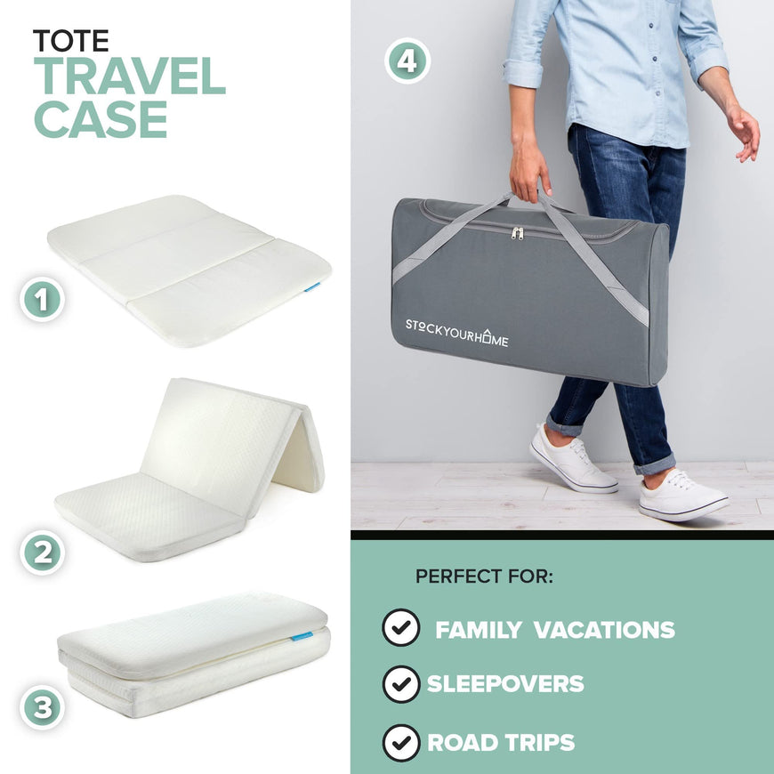 Stock Your Home Foldable Travel Pack n Play Mattress Pad with Tote Bag, Waterproof Portable Mini Crib Mattresses, Baby Bed Playpen Memory Foam Topper, Playard Pen Accessories, Traveling Case Included