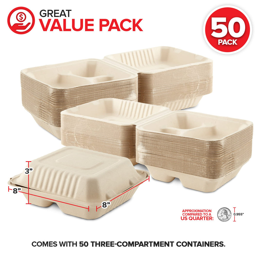 Bagasse Clamshell Takeout Containers, Biodegradable Eco Friendly Take Out to Go Food Containers with Lids (8x8) 50 Count