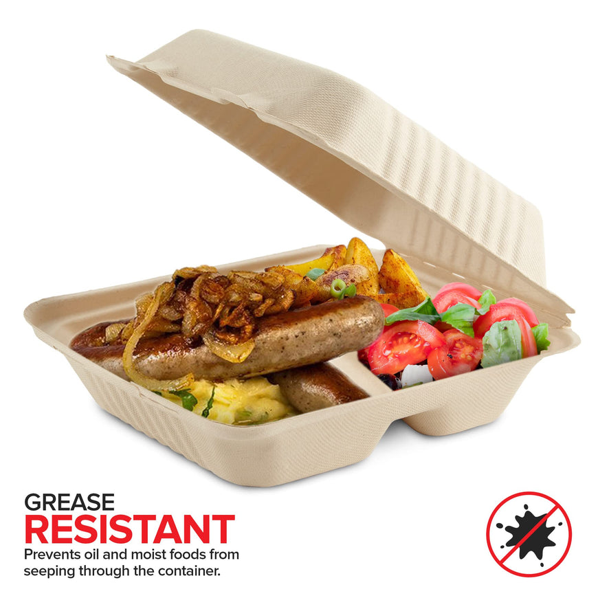 Bagasse Clamshell Takeout Containers, Biodegradable Eco Friendly Take Out to Go Food Containers with Lids (8x8) 50 Count
