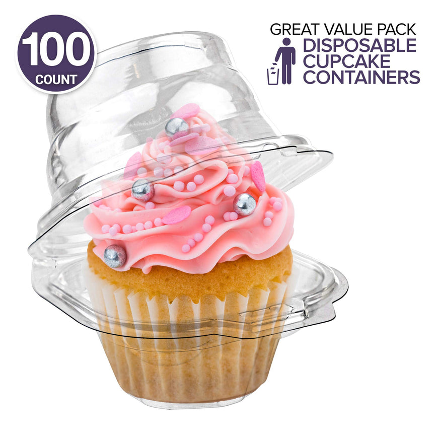 Stock Your Home Individual Plastic Cupcake Containers Disposable with Connected Airtight Dome Lid (100 Count) Clear Single Cupcake Container, BPA Free