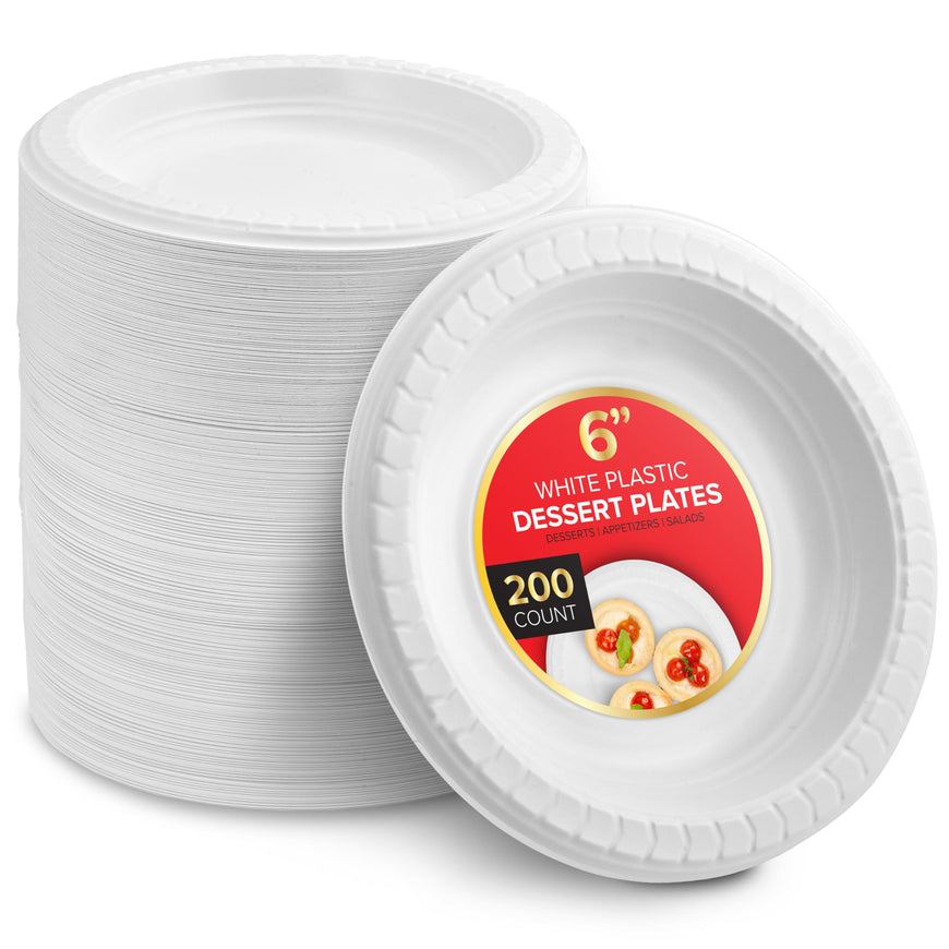 Stock Your Home 200 Count Premium White Plastic Plates, 6 Inch White Disposable Wedding Cake Plates, Heavy Duty Plastic Dessert Plates, Cocktail Appetizer Plates for Christmas Dinner Parties