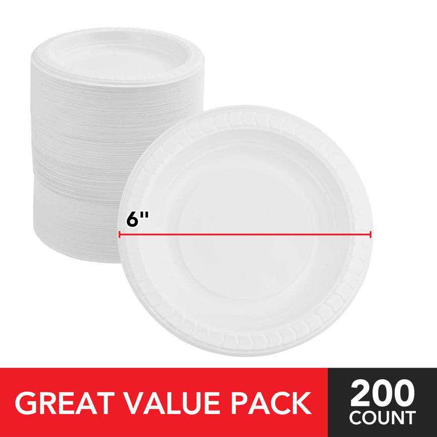 Stock Your Home 200 Count Premium White Plastic Plates, 6 Inch White Disposable Wedding Cake Plates, Heavy Duty Plastic Dessert Plates, Cocktail Appetizer Plates for Christmas Dinner Parties