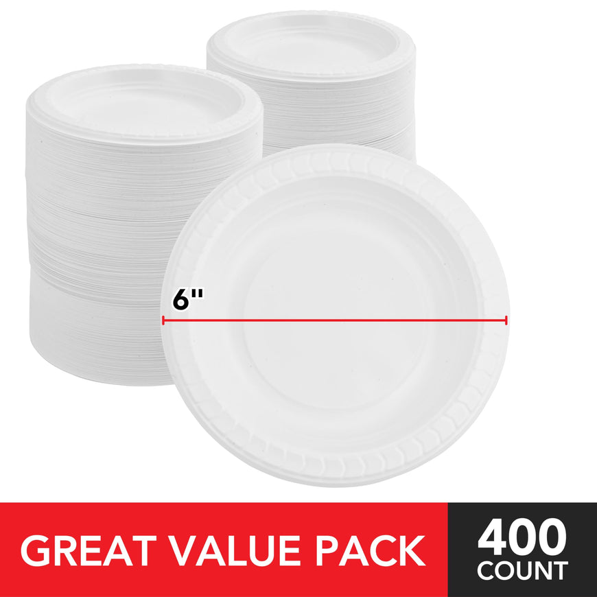 Stock Your Home 400 Count Premium White Plastic Plates, 6 Inch White Disposable Wedding Cake Plates, Heavy Duty Plastic Dessert Plates, Cocktail Appetizer Plates for Christmas Dinner Parties