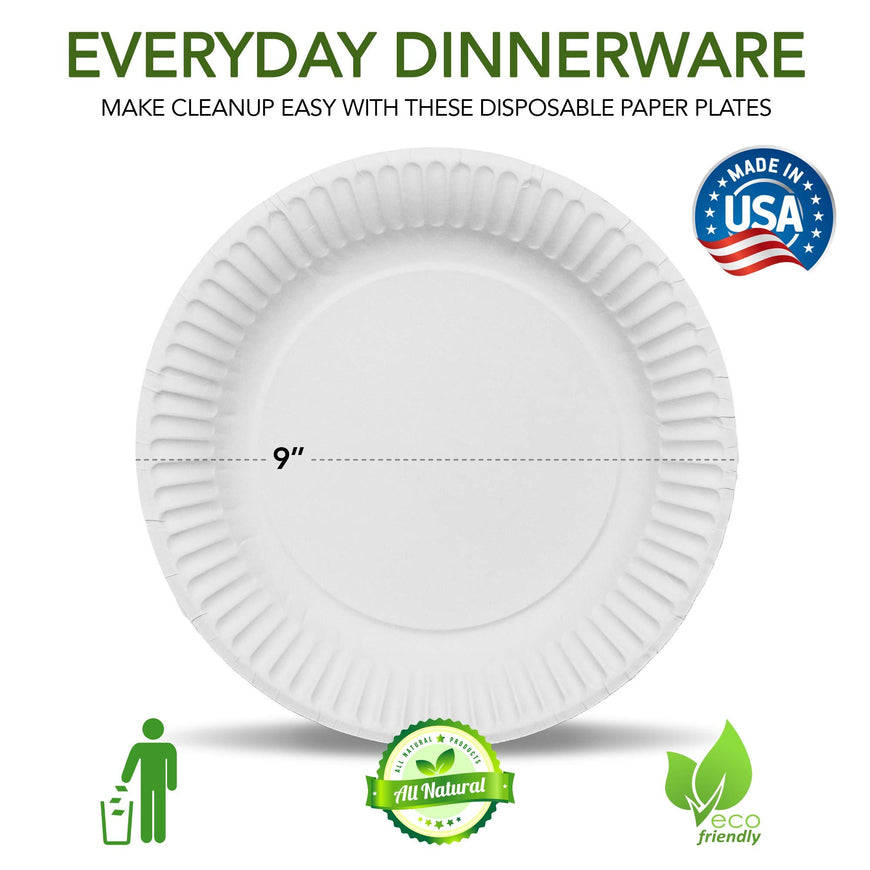 Stock Your Home 9-Inch Paper Plates Uncoated, Everyday Disposable Plates 9