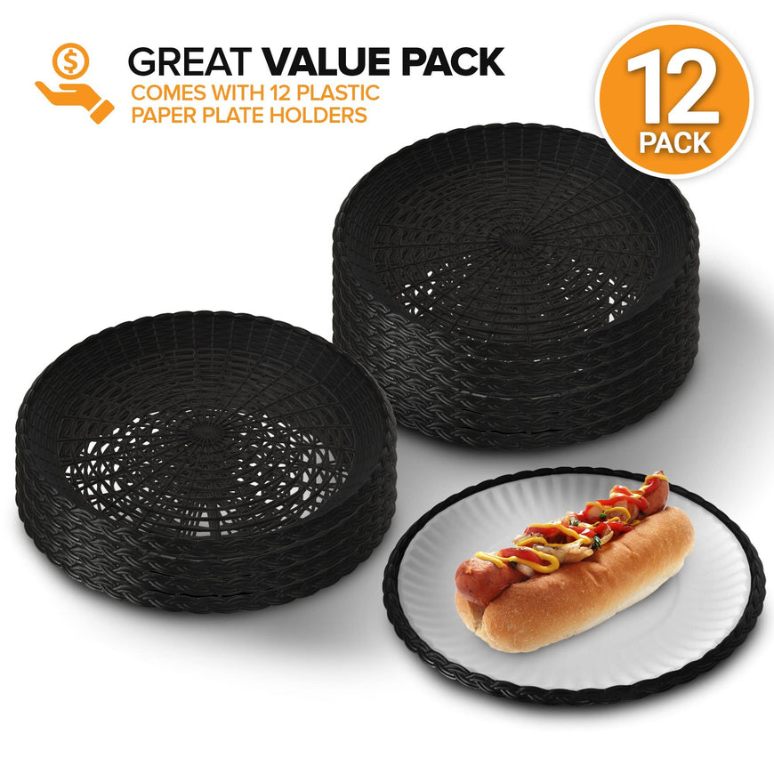 Stock Your Home 9â€ Paper Plate Holder in Black (12 Count) - Plastic - Heavy Duty - Woven - Reusable