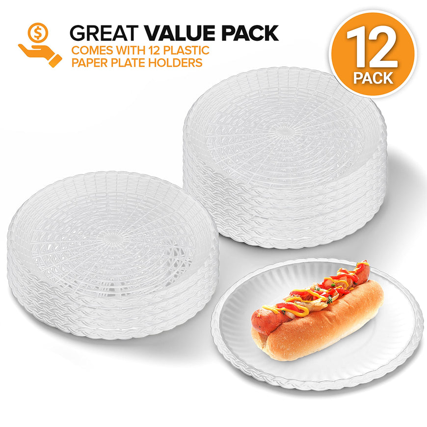 Stock Your Home 9â€ Paper Plate Holder in White (12 Count) - Paper Plate Holders Plastic Heavy Duty - Plastic Paper Plate Holder - Woven Paper Plate Holder - Paper Plate Holders Reusable